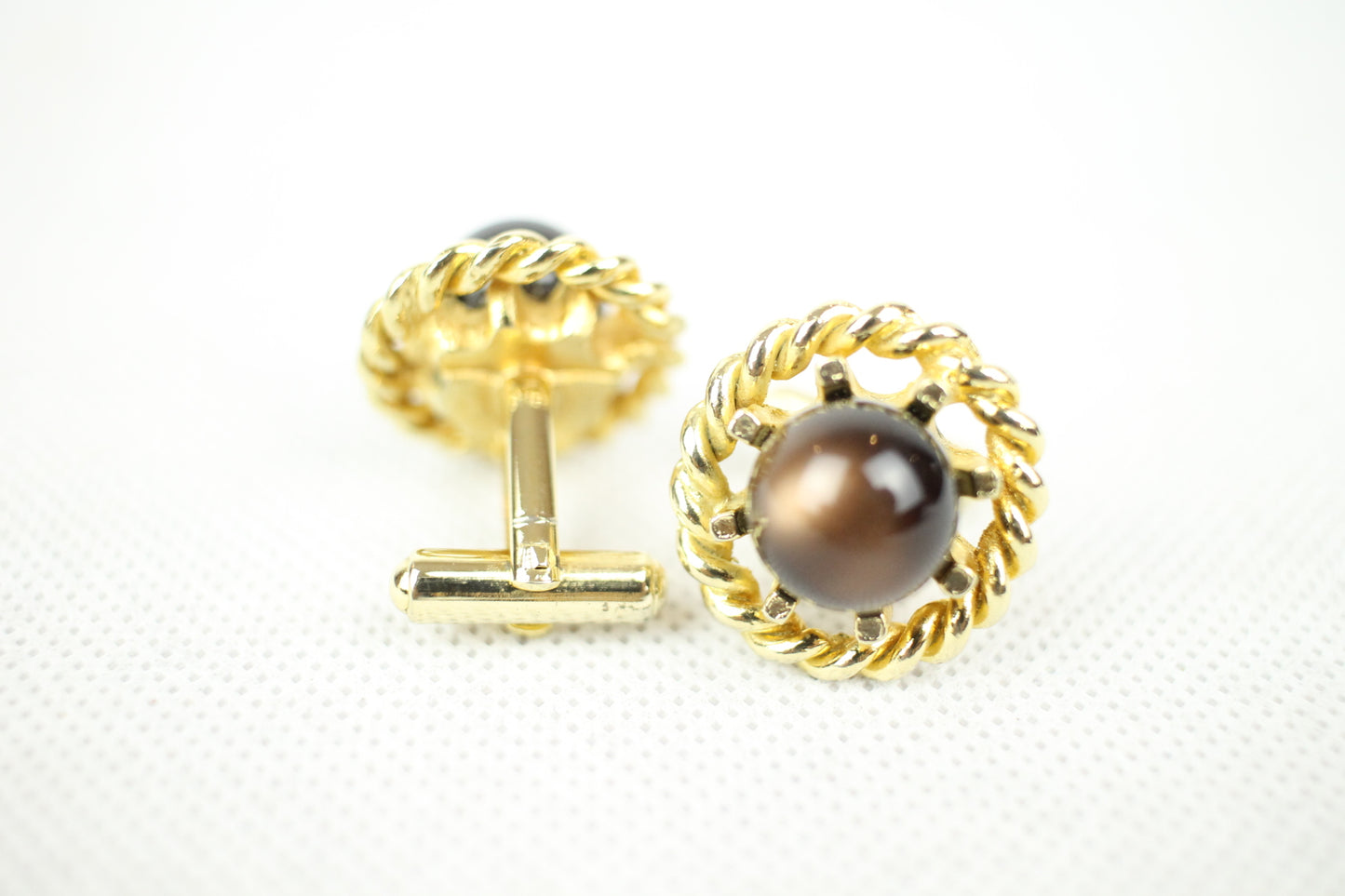 Vintage Gold Metal Rope Mount Smokey Lucite Ball Cuff Links
