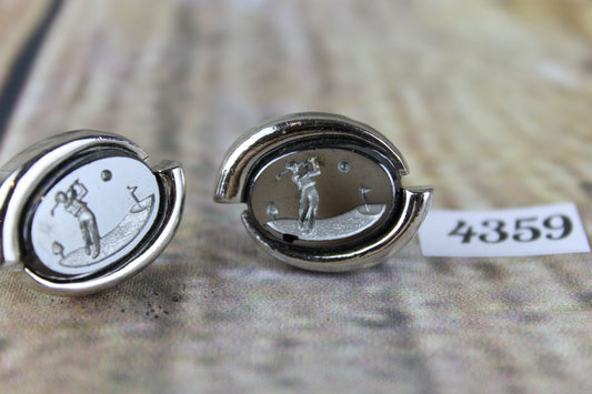 Vintage oval silver metal large engraved glass golfer centres cuff links