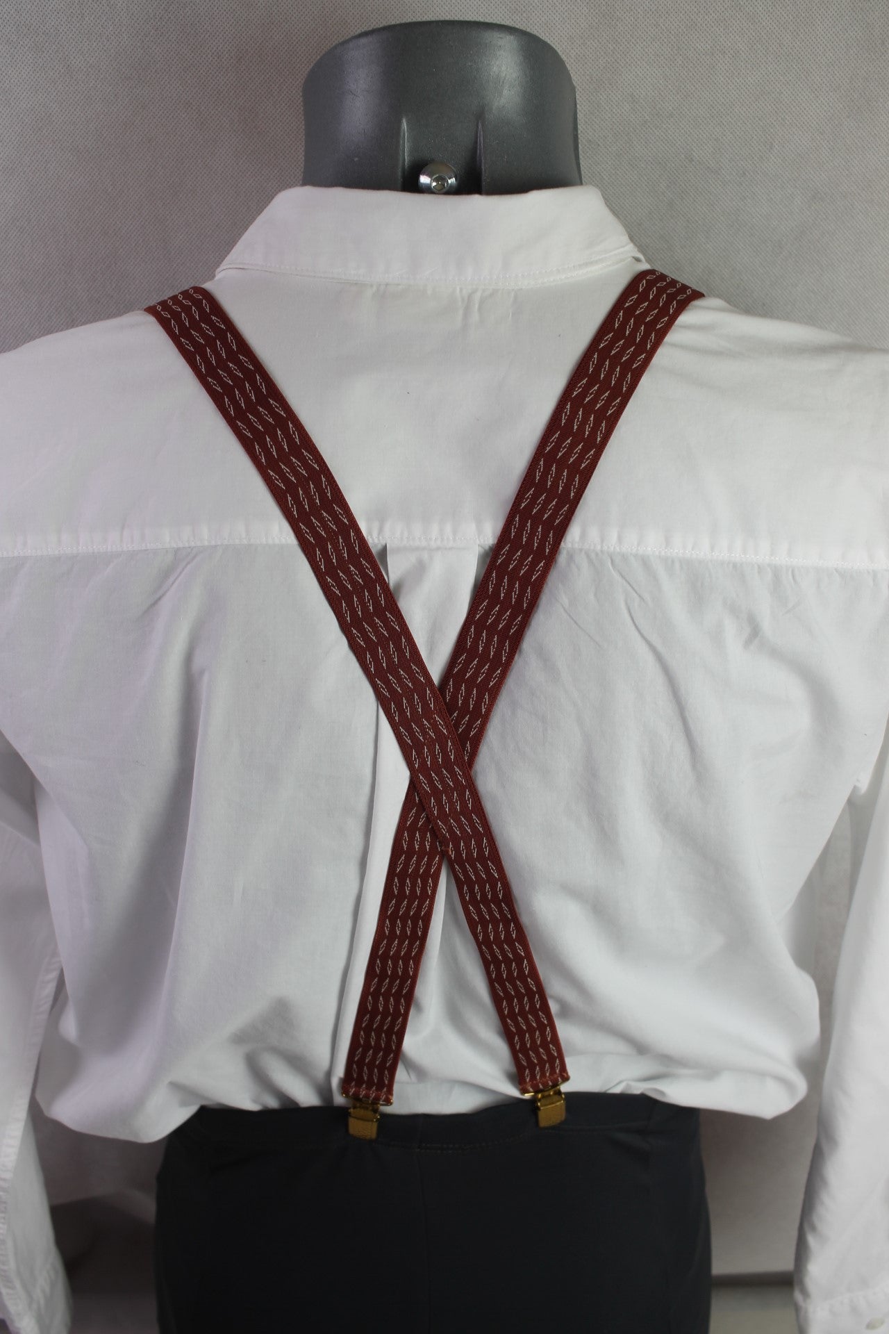 Vintage dark red white diamond pattern elasticated braces gold metal clips adjustable