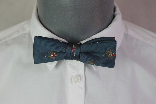 Vintage pre-tied blue teal horse polo motifs bow tie adjustable