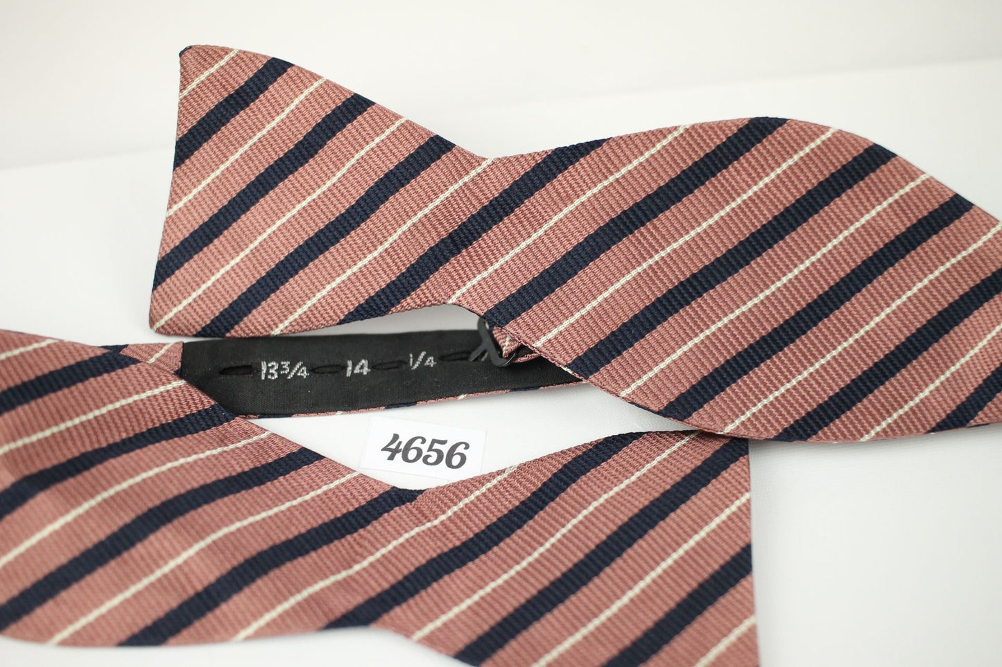 Vintage Dusty Pink Navy Striped Self Tie Straight End Thistle Bow Tie