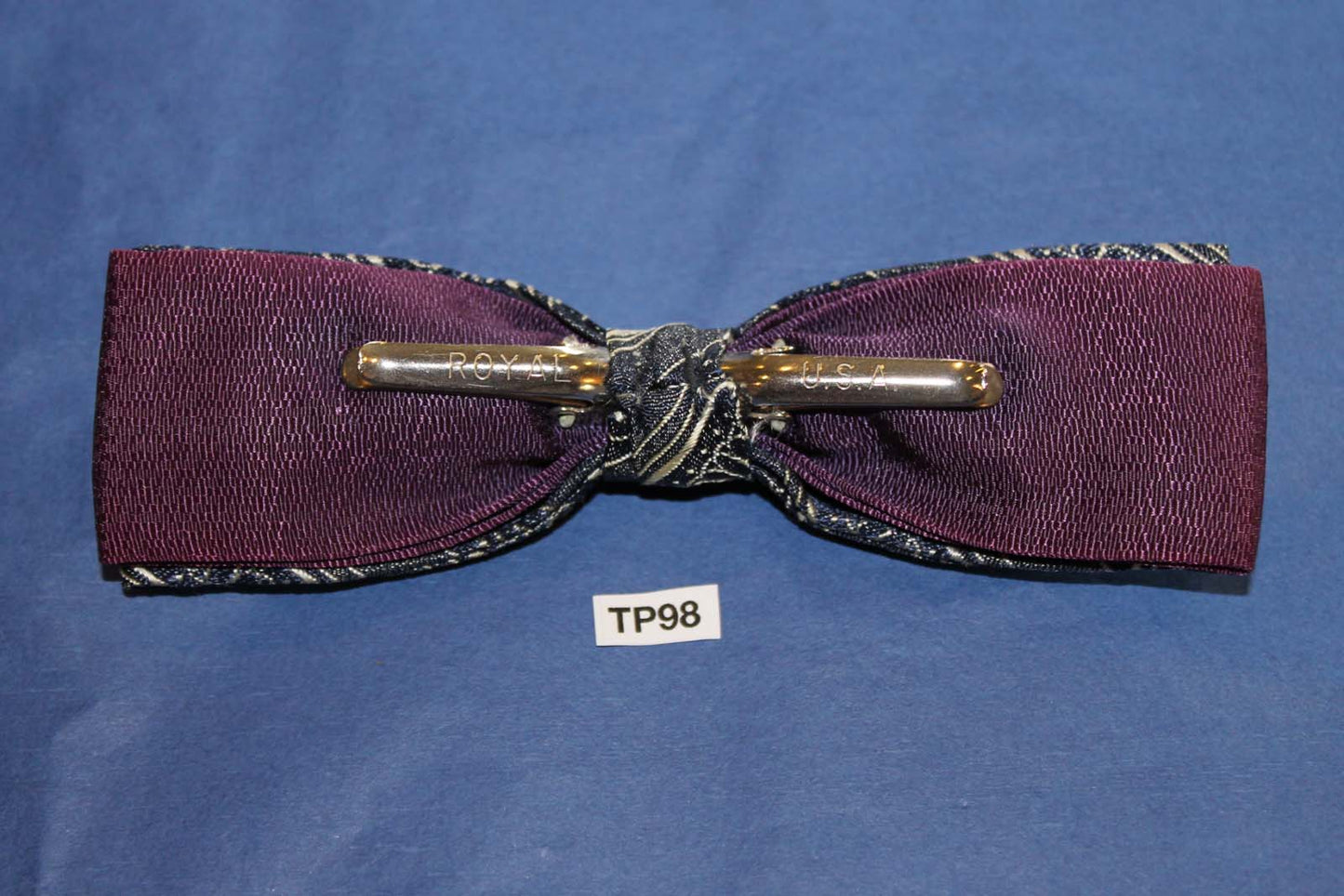 Vintage navy cream over purple double bow square end clip on bow tie
