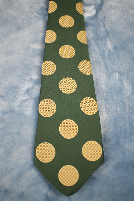 Vintage Tootal 1960s dark green gold circles pattern kipper tie