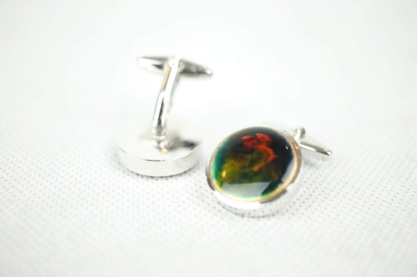 Vintage Green and Red Enamel Heavy Silver Metal Cuff Links