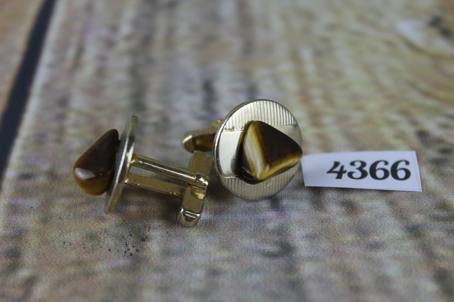 Vintage round gold metal tigers eye stones cuff links