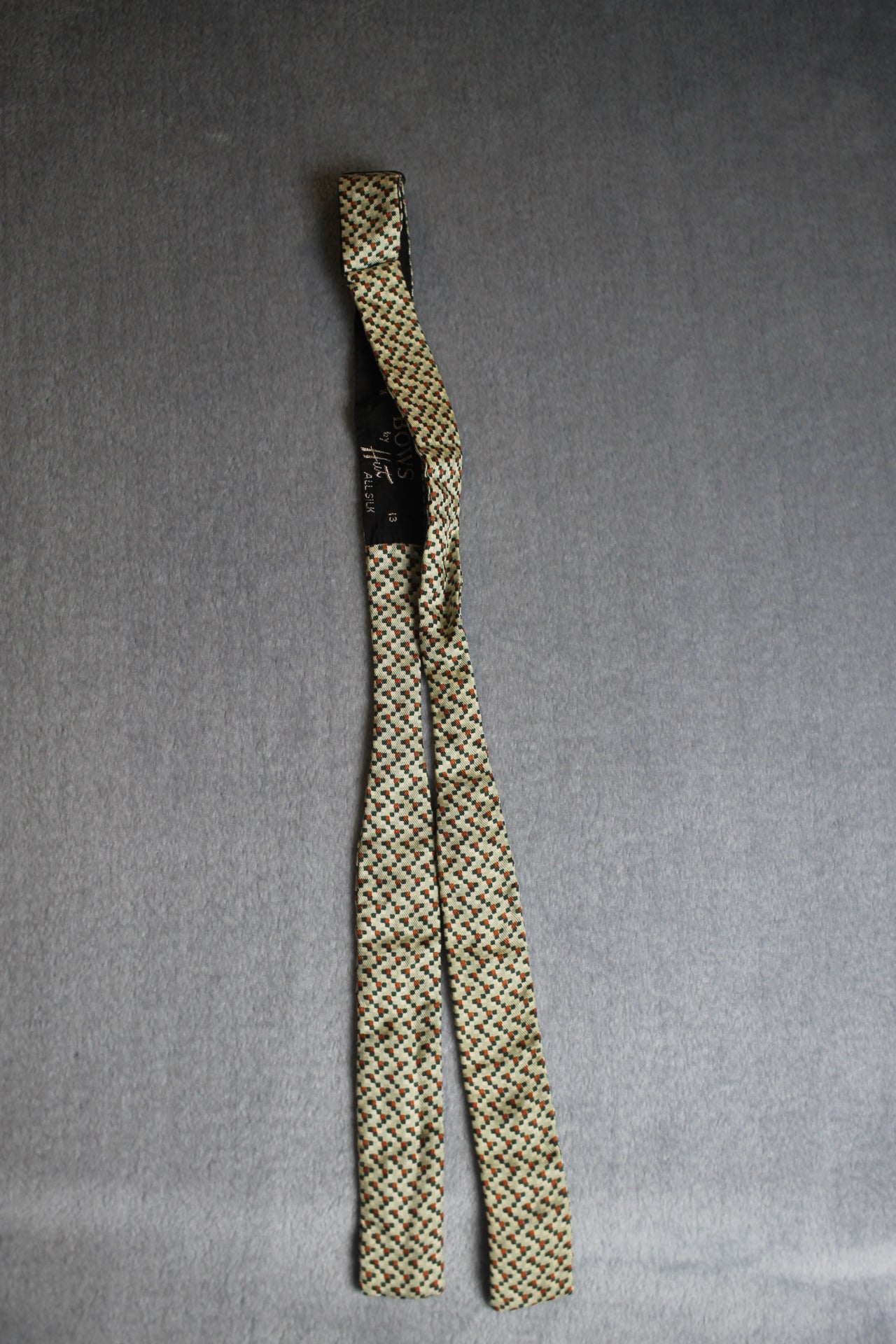 Vintage Bows by Hut self tie straight end all silk light green brown cream pattern bow tie adjustable