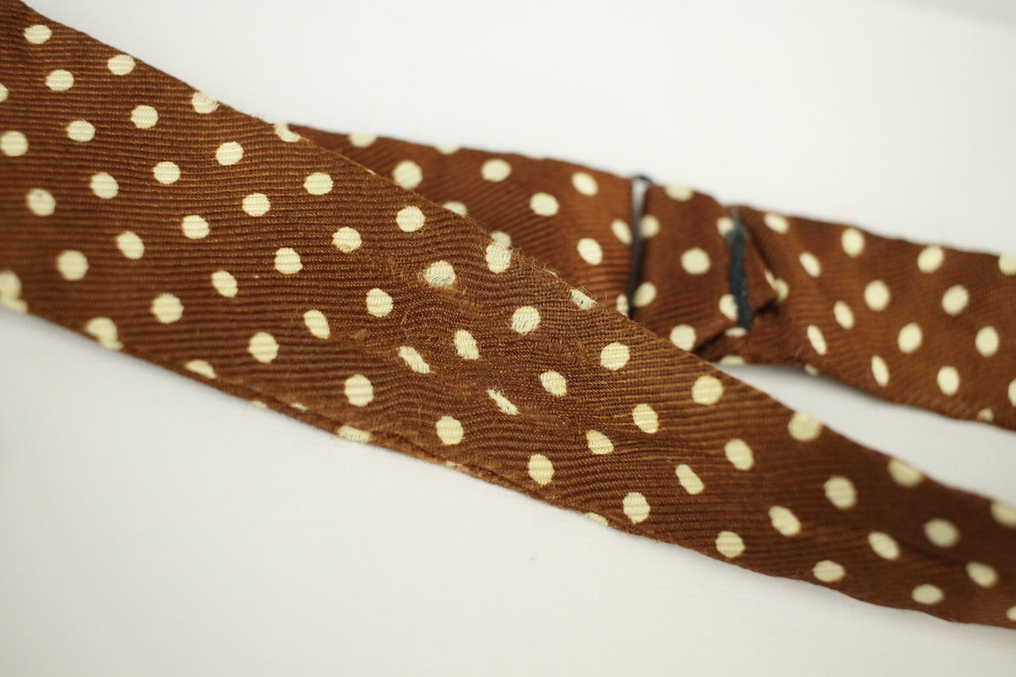 Vintage Self Tie Straight End Brown Ivory Polka Dot Skinny Bow Tie