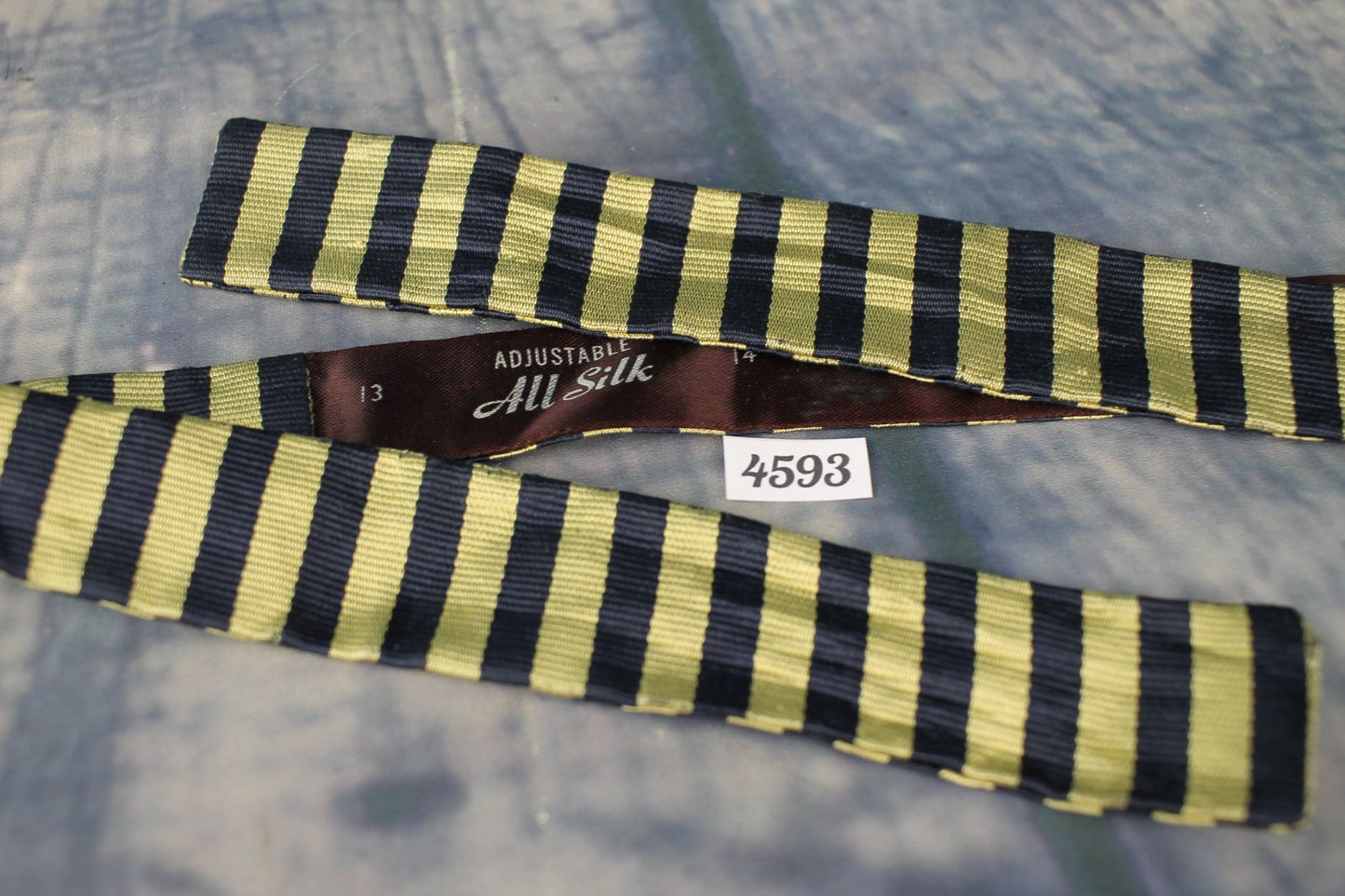 Vintage Pure Silk Straight Skinny Bow Tie broad Striped Navy Gold Adjustable