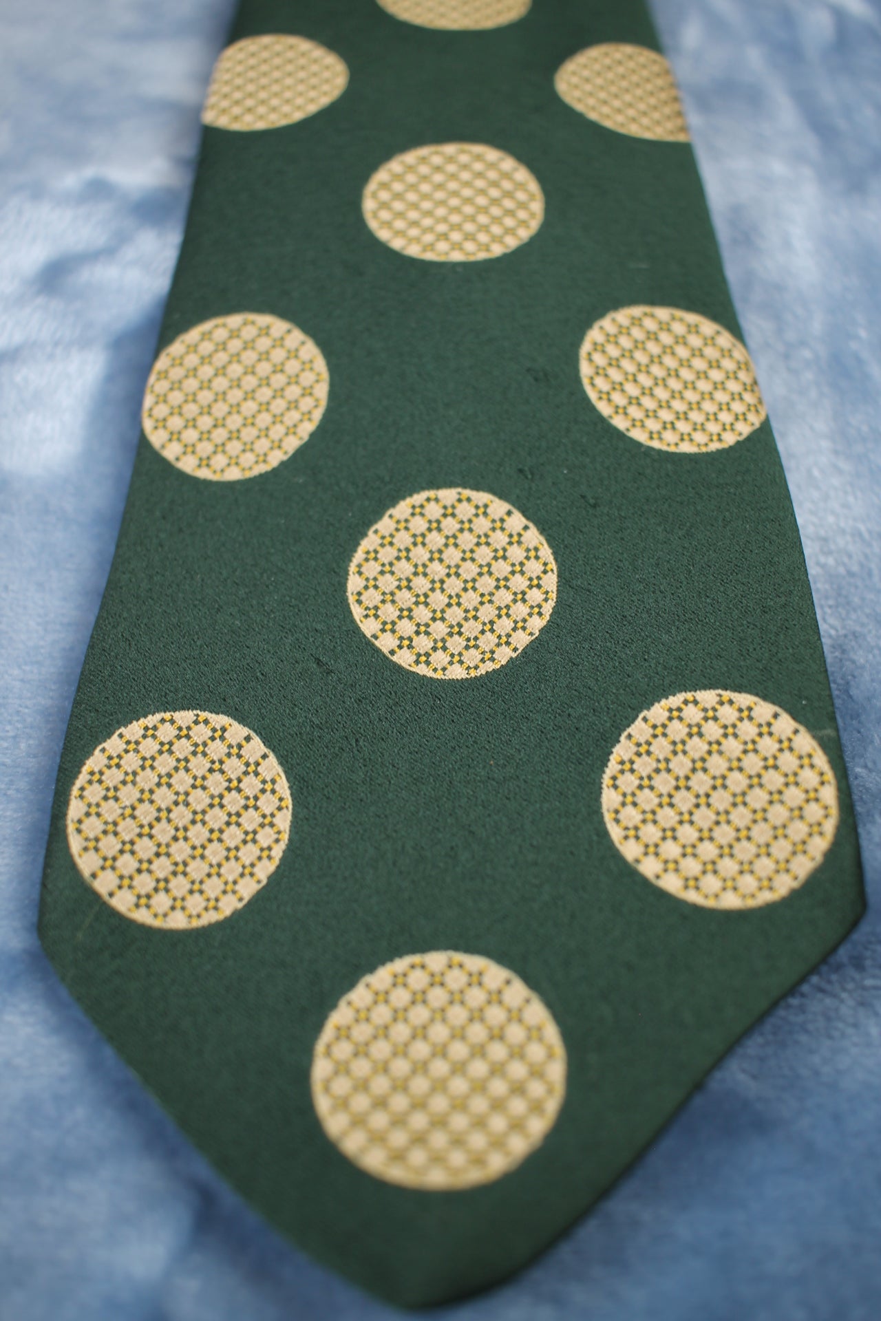 Vintage Tootal 1960s dark green gold circles pattern kipper tie