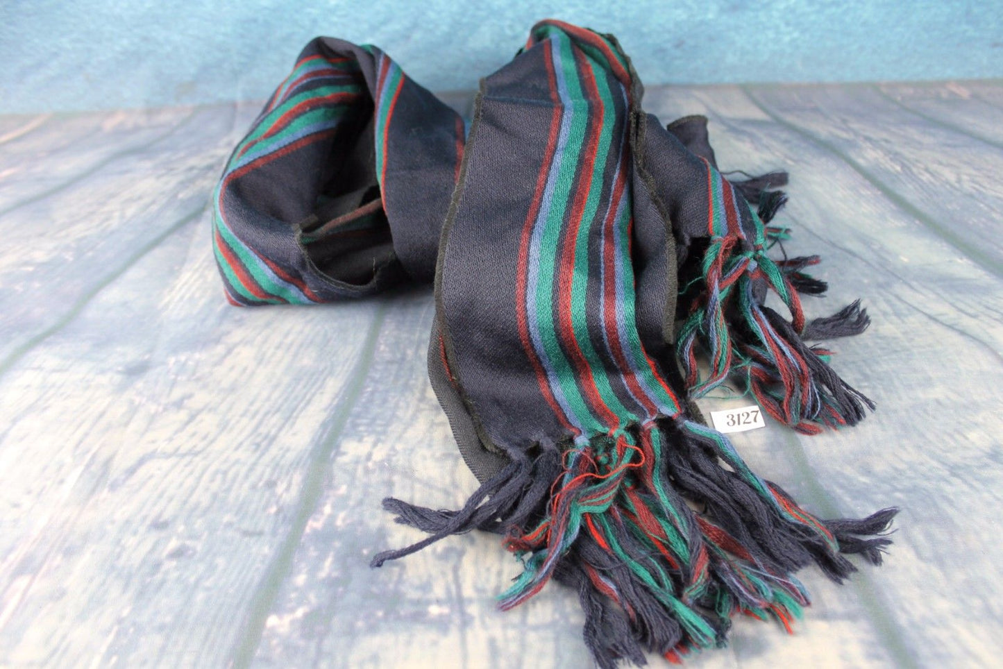 Vintage German Designer Pure Wool Striped Blue Green Burgundy Scarf