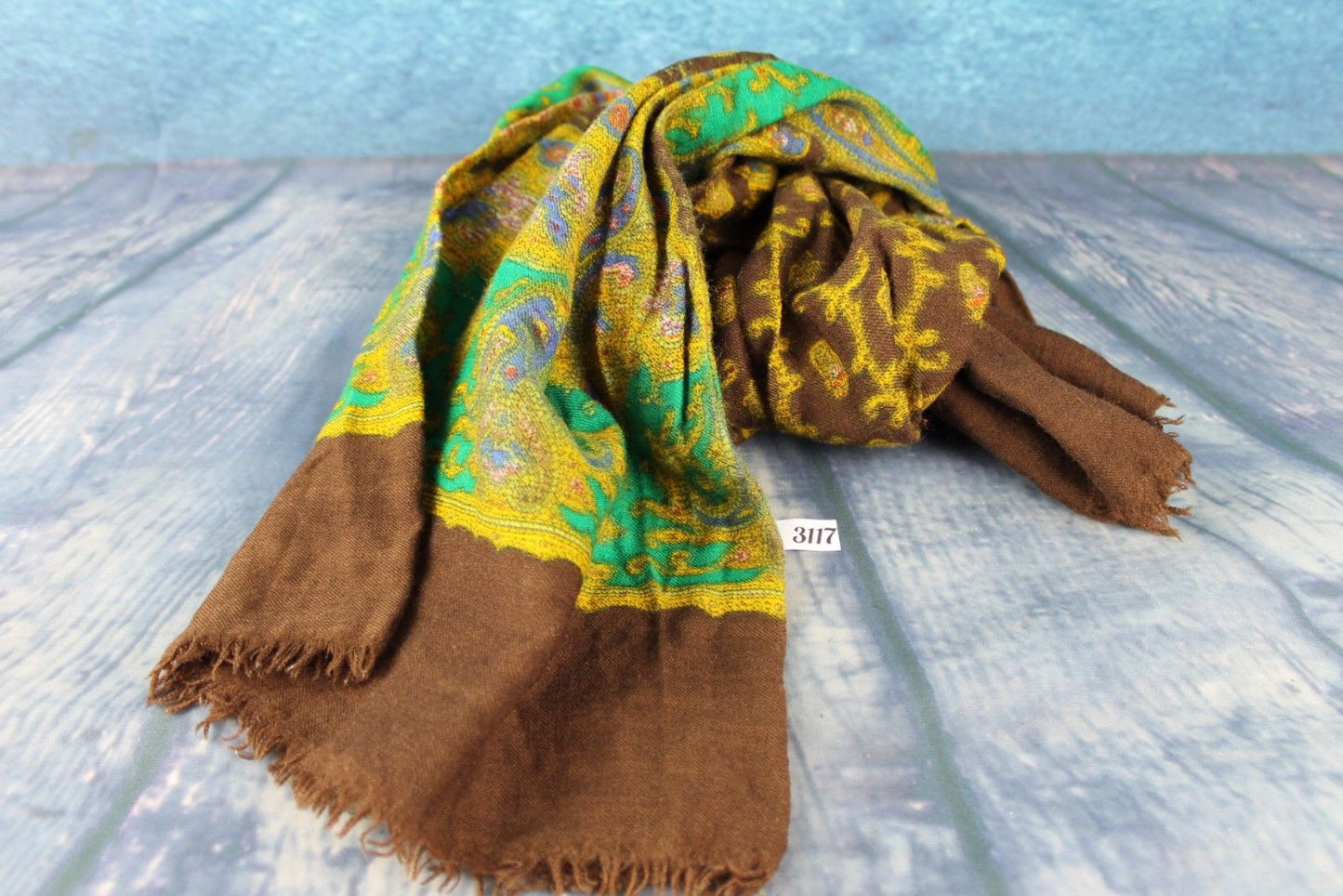 Vintage Hand Blocked Print Pure Wool Brown Green Gold Scarf