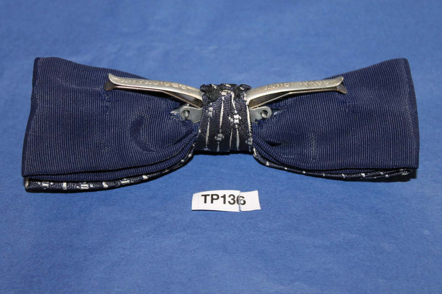 Vintage navy cream repeat pattern square end clip on bow tie