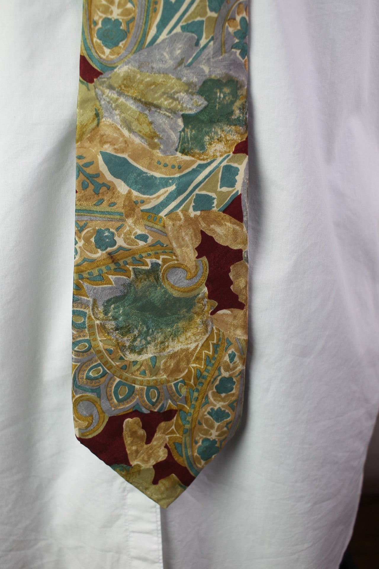 Vintage Harvé Benard pure silk gold silver burgundy foliage tie