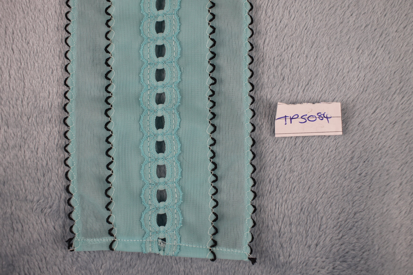 Vintage 1970s light blue black trim elastic neck tie button on shirt ruffle