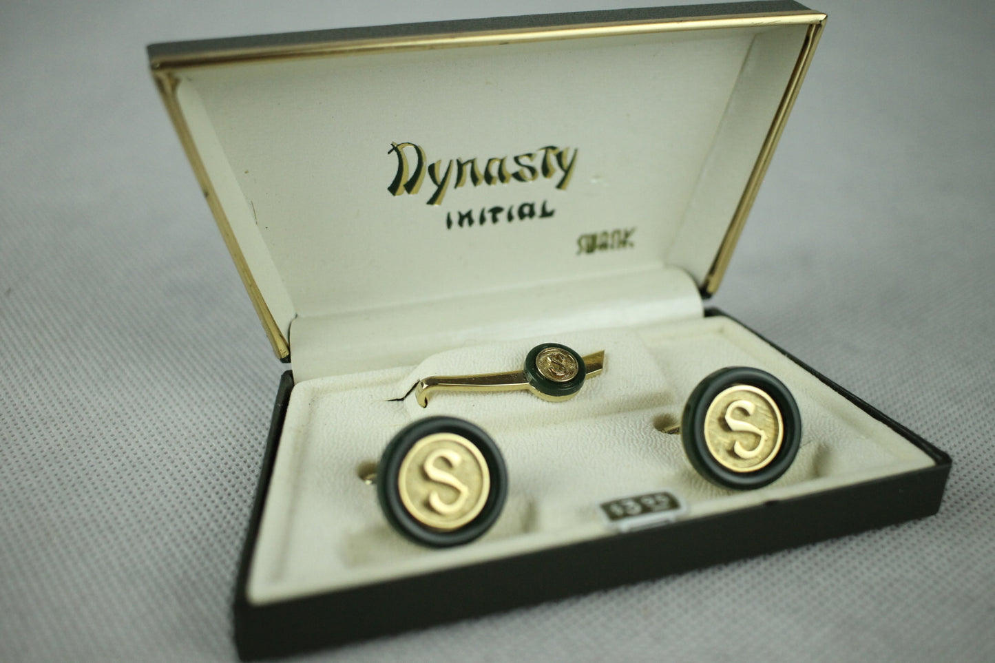 Vintage Swank Dynasty Initial S Jade & Gold Cufflink Set