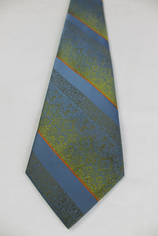 Vintage Wembley Wemlon Sharkskin Fabric Blue Gold Striped Jacquard Tie 1950s/60s