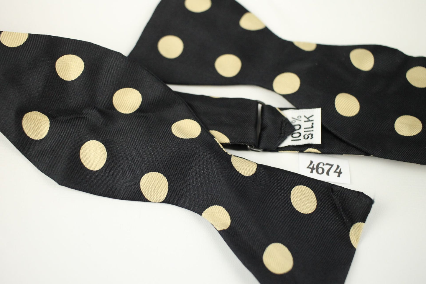 Vintage black beige all silk self tie thistle end polka dot bow tie
