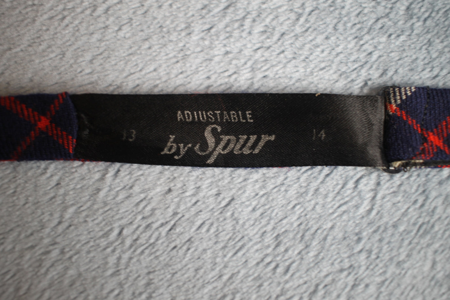 Vintage Spur self tie paddle end all wool red black blue tartan pattern bow tie adjustable