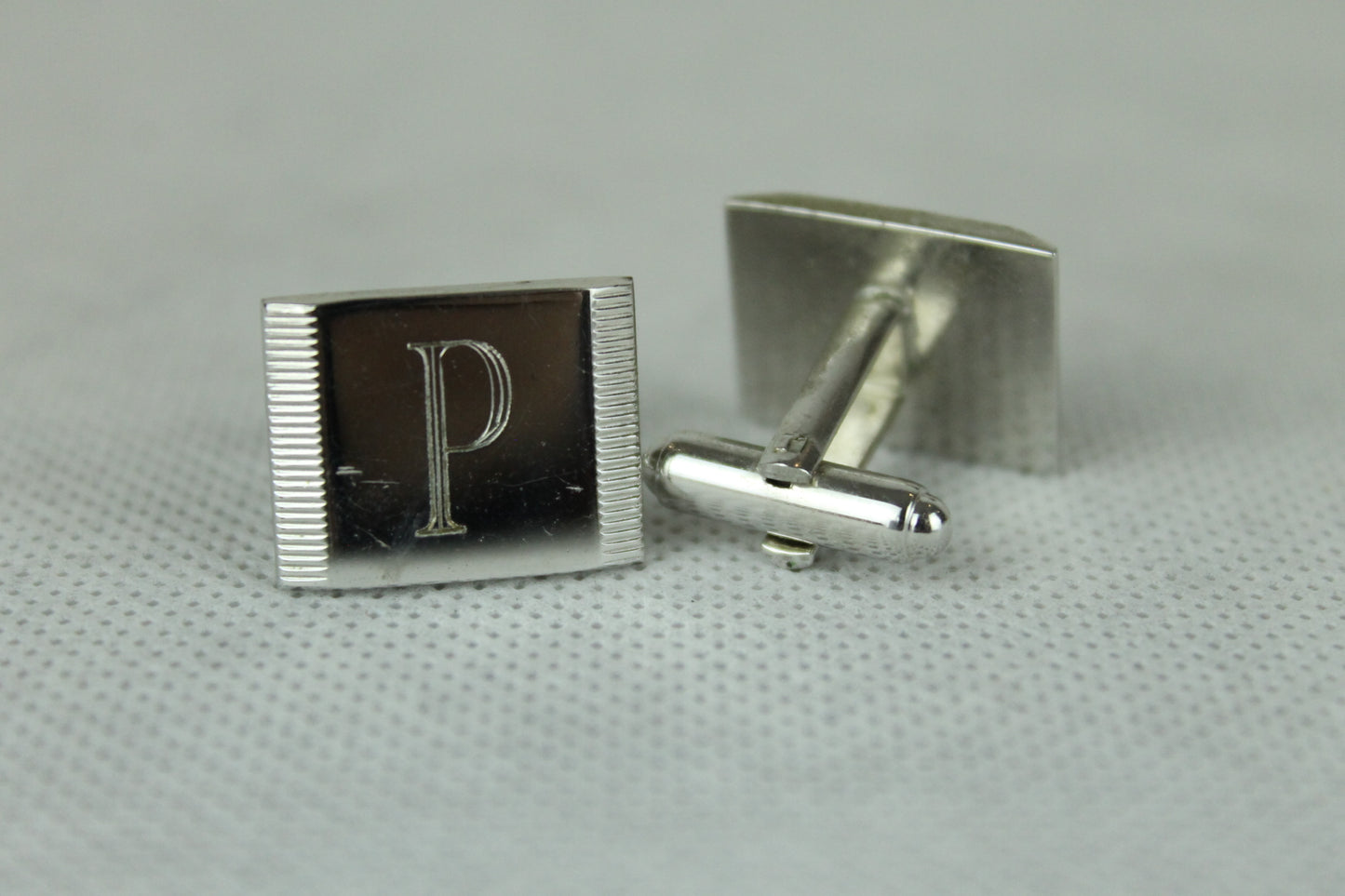 Vintage Silver Metal Initial P Oblong Cufflinks