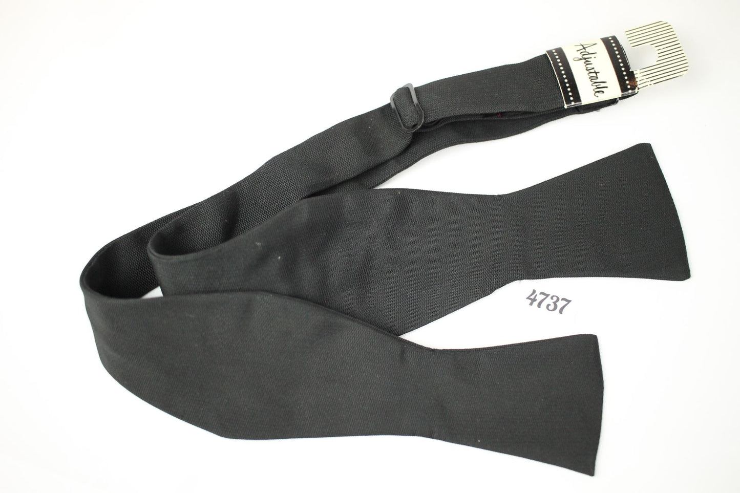 Vintage Dead Stock Black Made in USA Self Tie Square End Narrow Thistle Bow Tie Adjustable