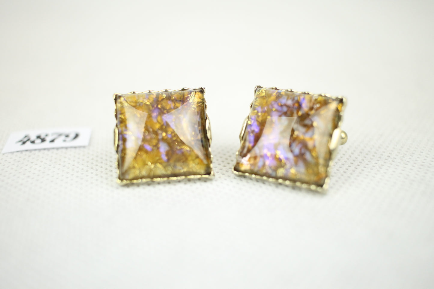 Vintage Sparkly Stone Gold Metal Push Through Cuff Links