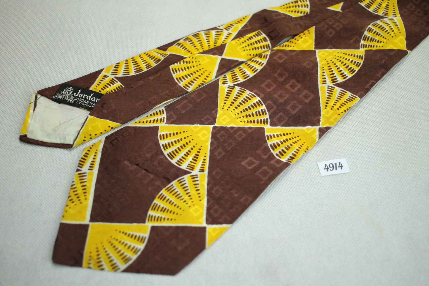 Vintage 1940s/50s Jordan Marsh Brown Gold Fan Print Jacquard Swing Tie