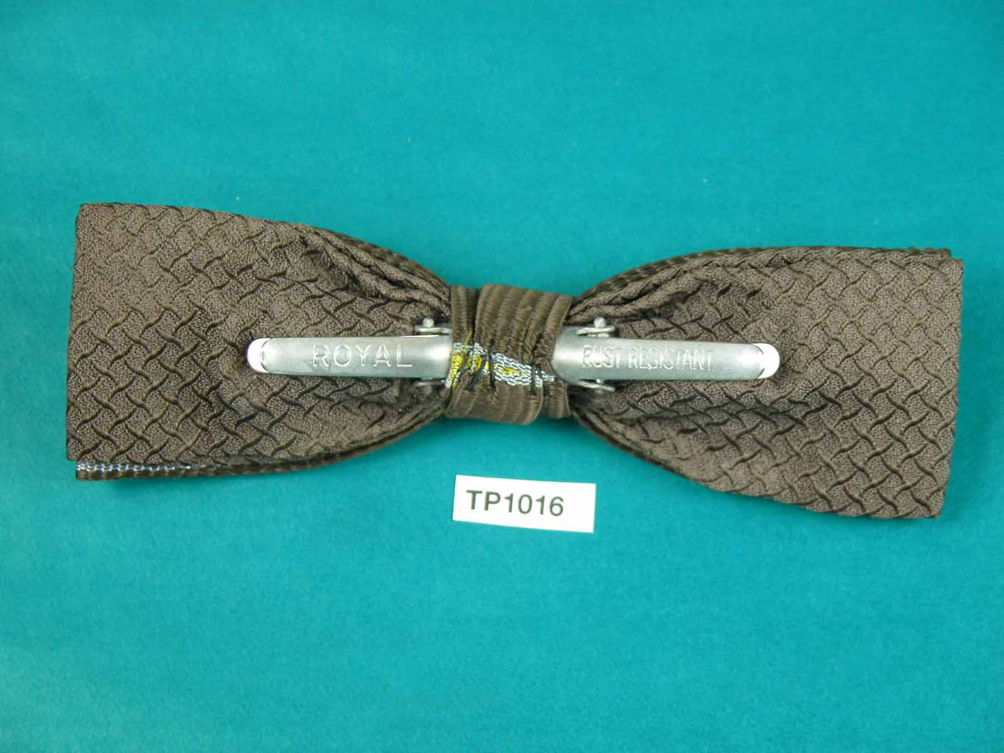 Vintage mustard grey brown striped square end jacquard clip on bow tie