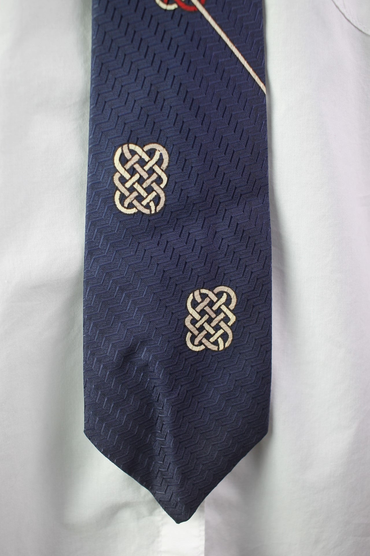 Vintage navy blue red white cream motifs tie