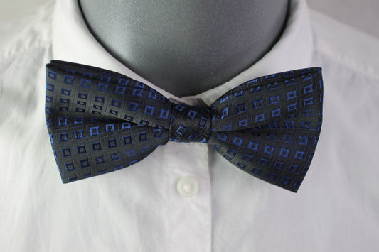 Vintage pre-tied black blue squares bow tie adjustable