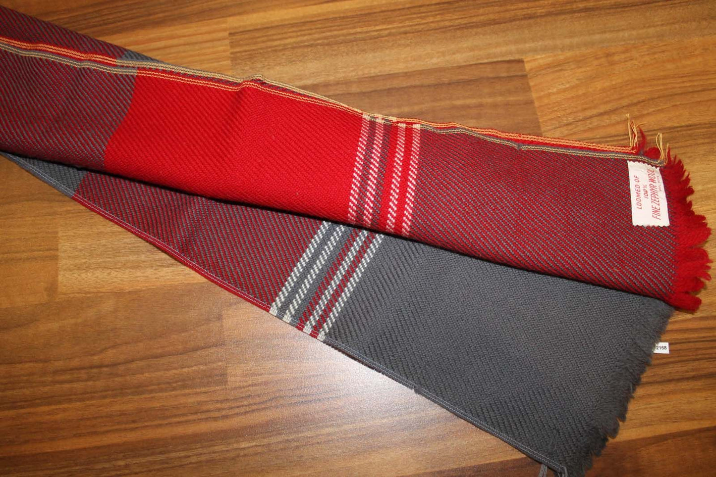 Vintage Mens 100% Zephyr Wool Plaid Tartan Fringed Scarf Burgundy Grey Retro Mod