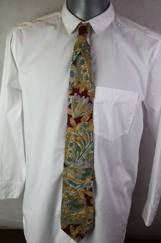 Vintage Harvé Benard pure silk gold silver burgundy foliage tie