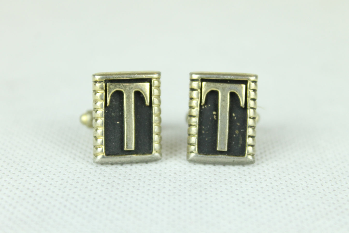Vintage Initial T Gold & Black Oblong Cuff Links