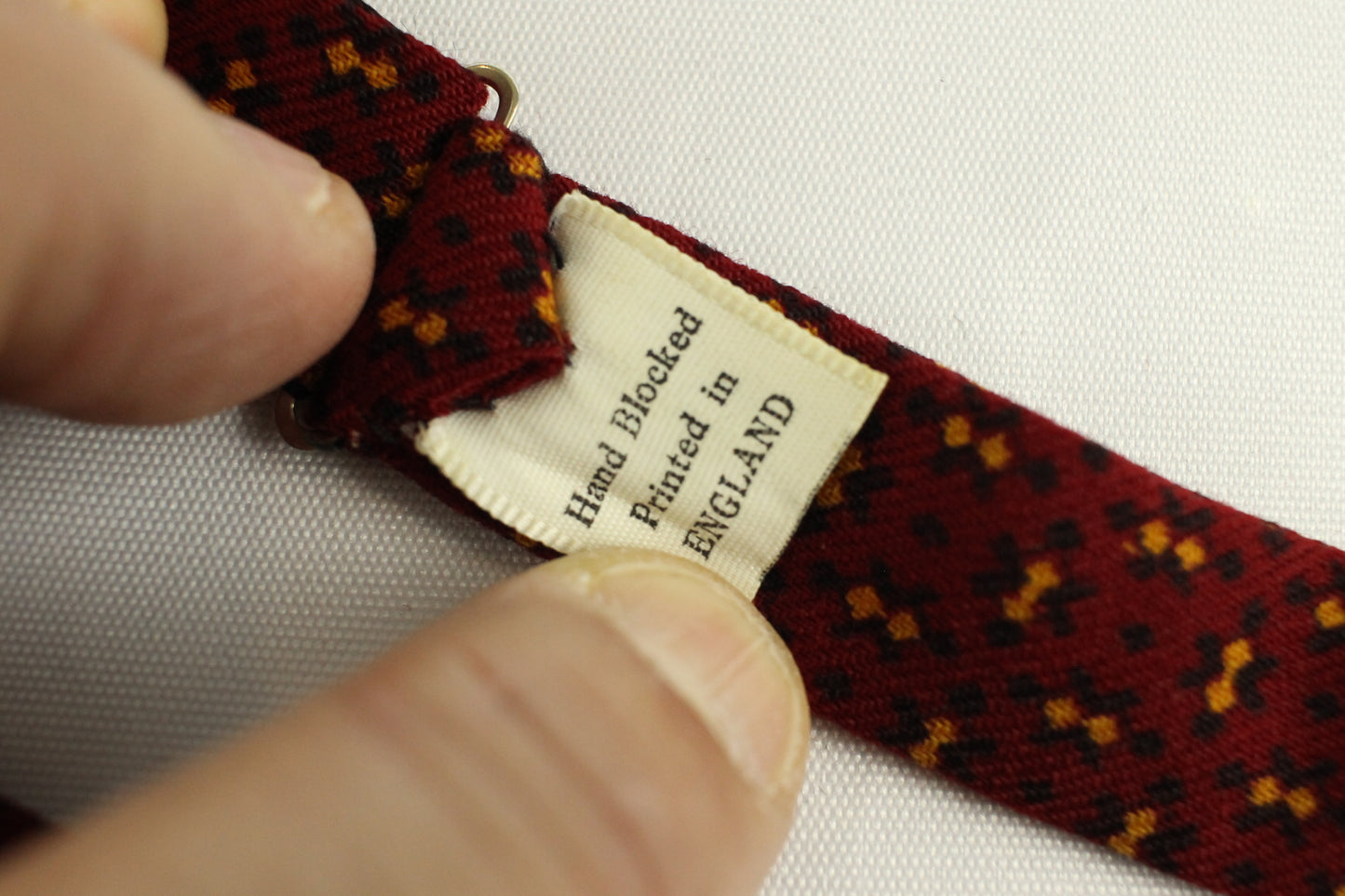 Skinny Straight Self Tie Vintage Wool Bow Tie Hand Blocked Pattern Burgundy Gold Adjustable