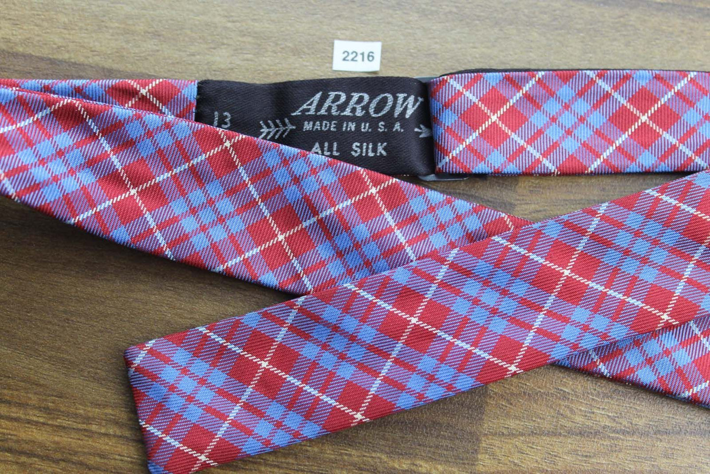 Vintage Arrow All Silk Self Tie Bow Tie Straight End Skinny Tartan Plaid Blue Red