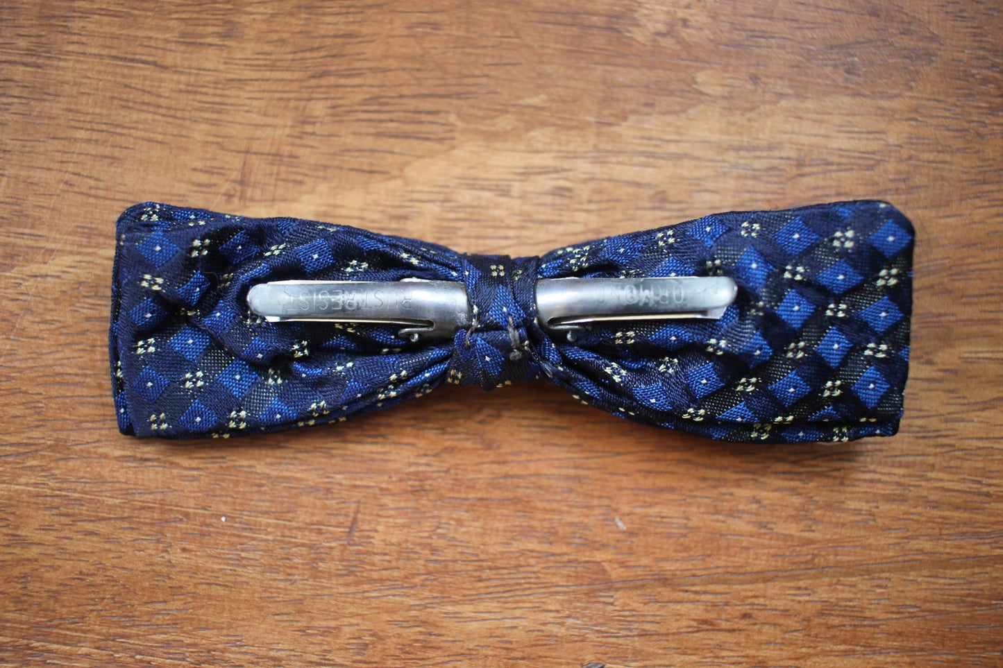 Vintage pre-tied clip on dark blue cream diamond pattern bow tie