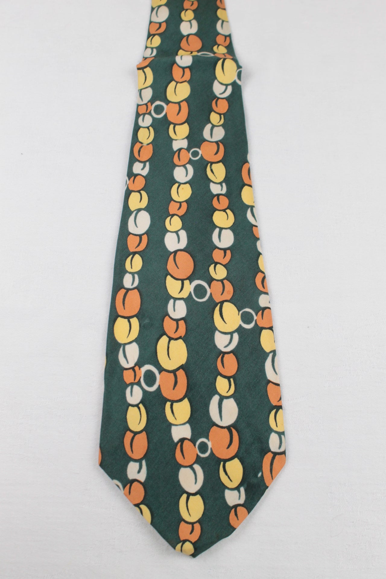 Vintage Law Inc Pure Silk Green Yellow Cream Orange Bead Pattern Swing Tie 1940s/50s