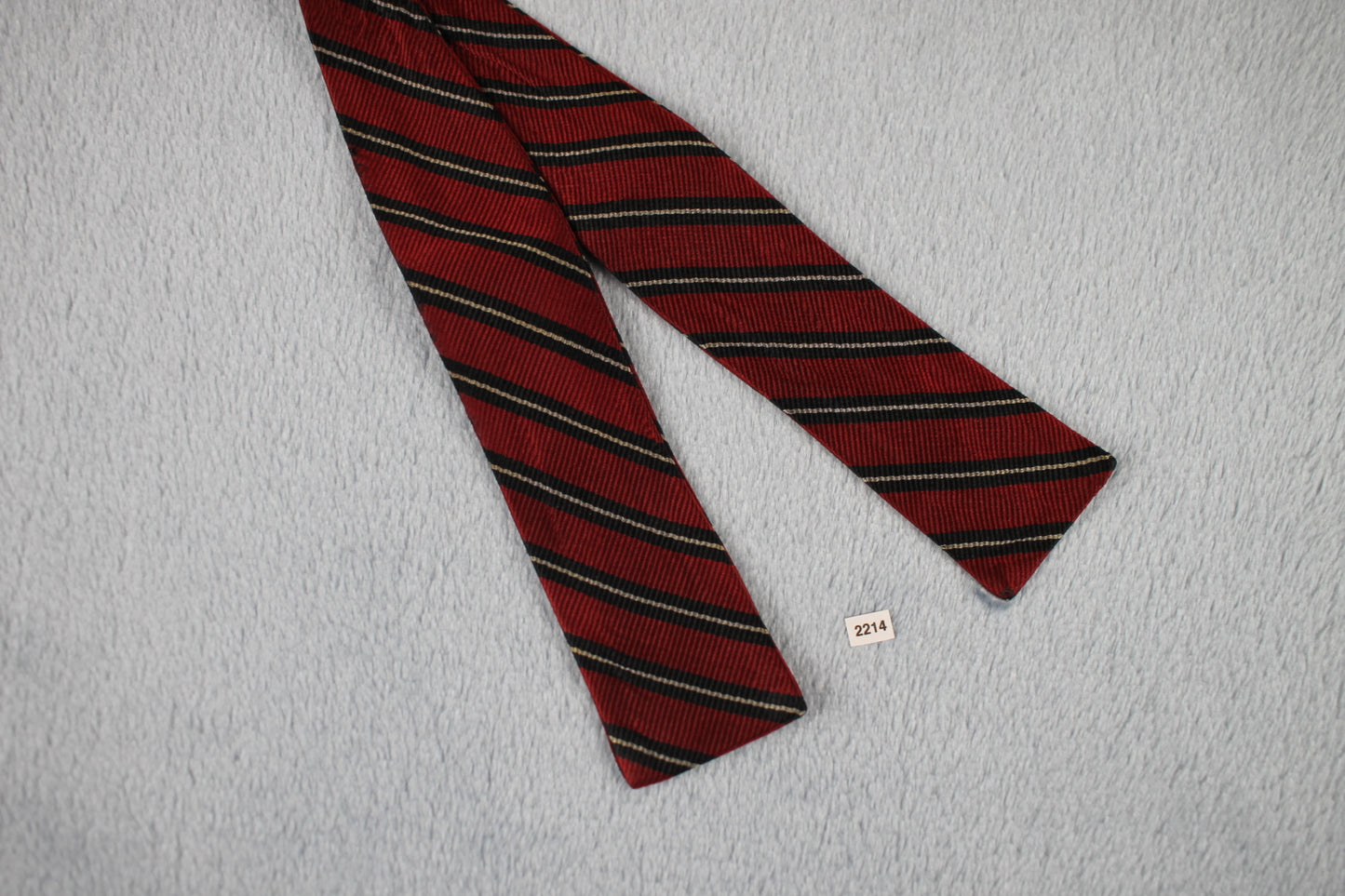 Vintage self tie paddle end all silk dark red black white striped pattern bow tie adjustable
