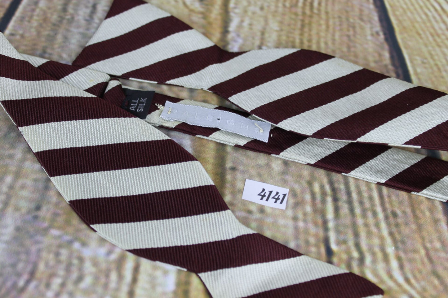 Vintage Raleighs All Silk Self Tie Straight End Thistle Bow Tie Burgundy Ivory Striped