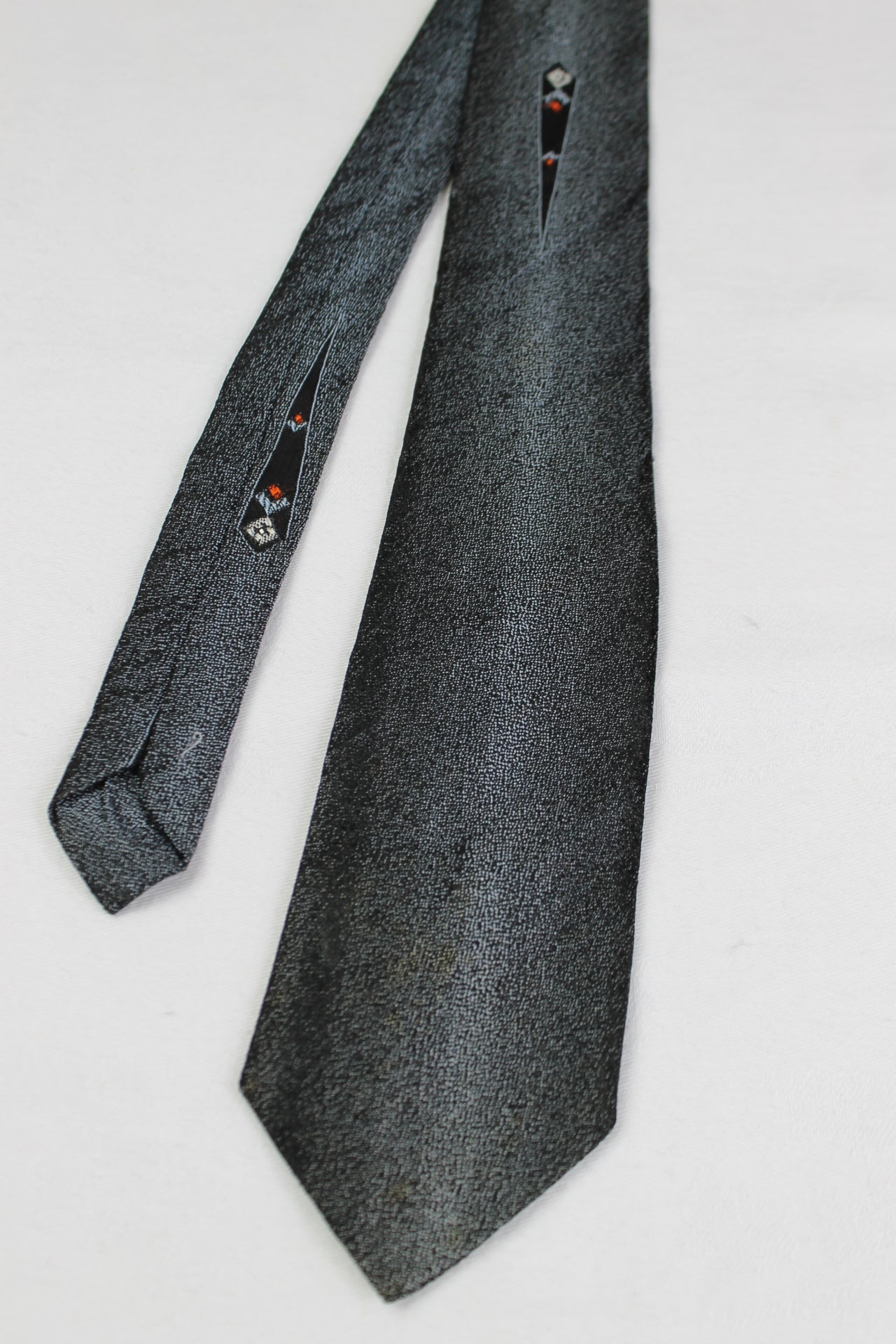 Vintage Sharkskin Fabric Black Grey Faded Pattern Skinny Tie 1950s/1960s