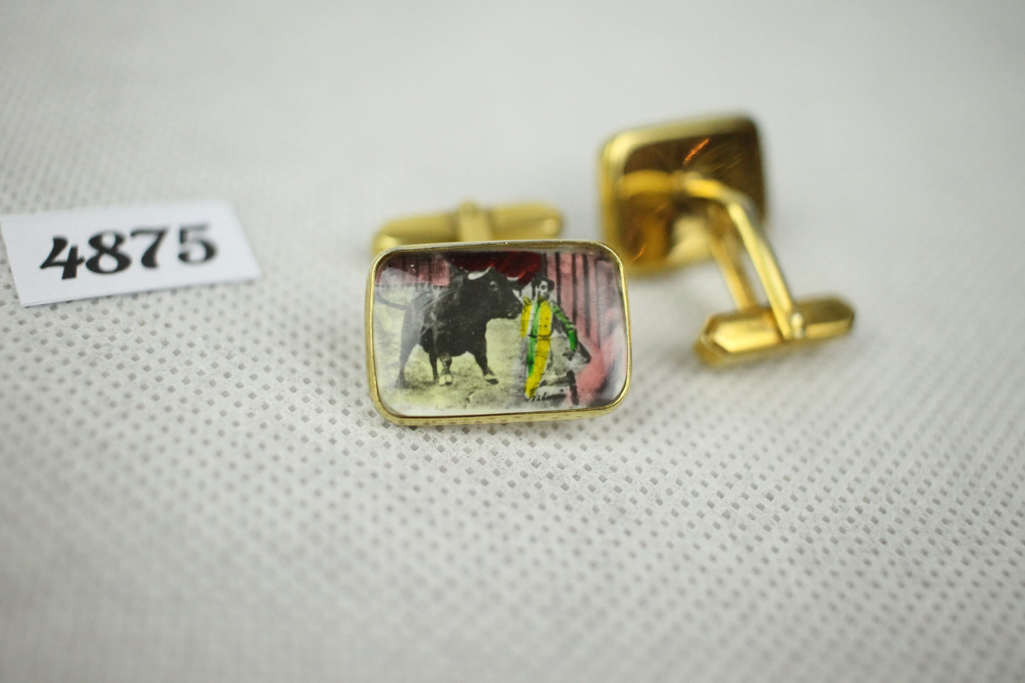 Vintage French Bull Fighter Enamel And Lucite Gold Metal Push Through Cuff Links