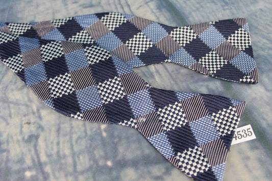 Superb Stafford Squares Pattern Navy Grey Blue Self Tie Square End Thistle Bow Tie