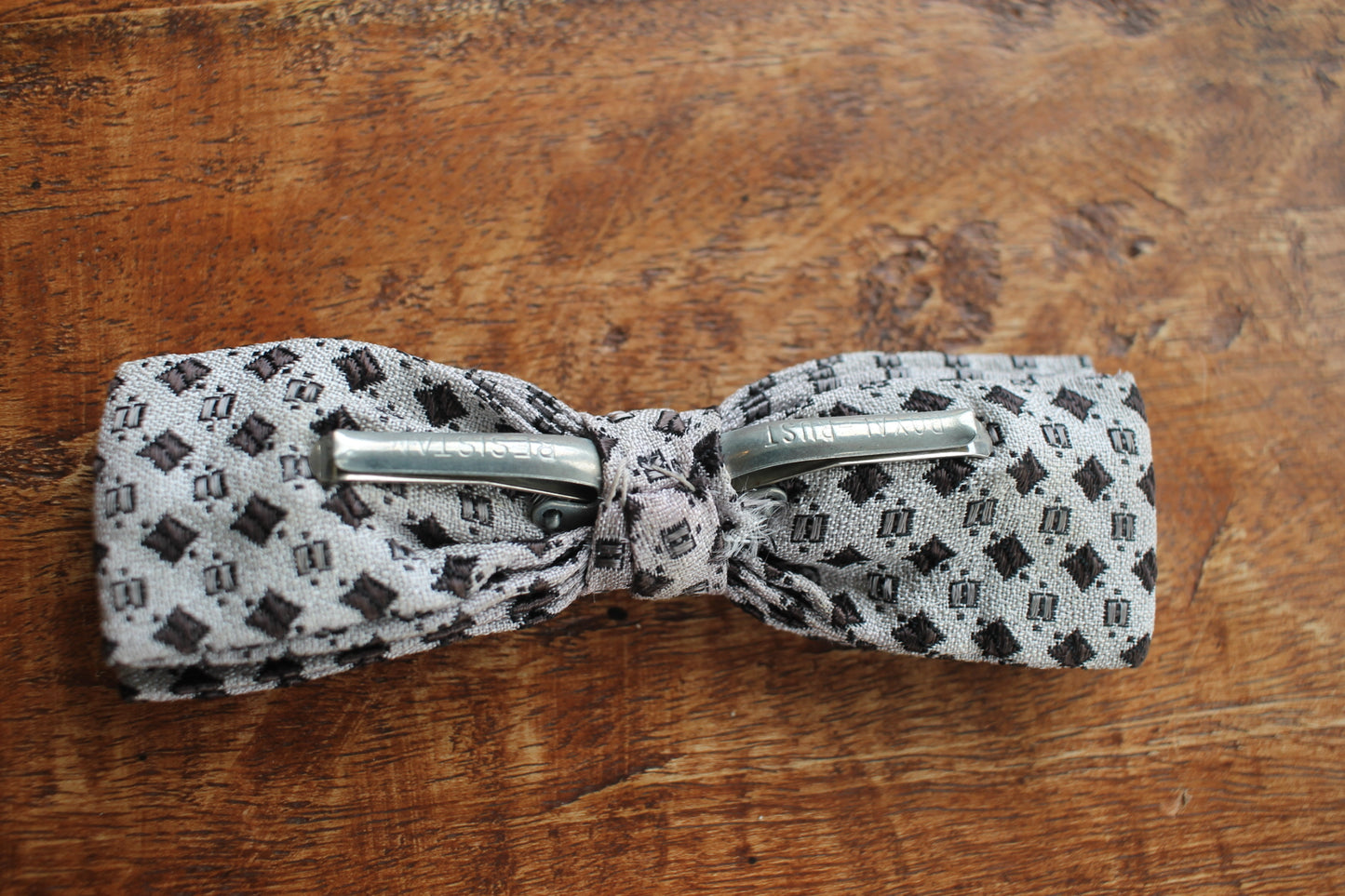 Vintage pre-tied clip on silver brown squares pattern bow tie