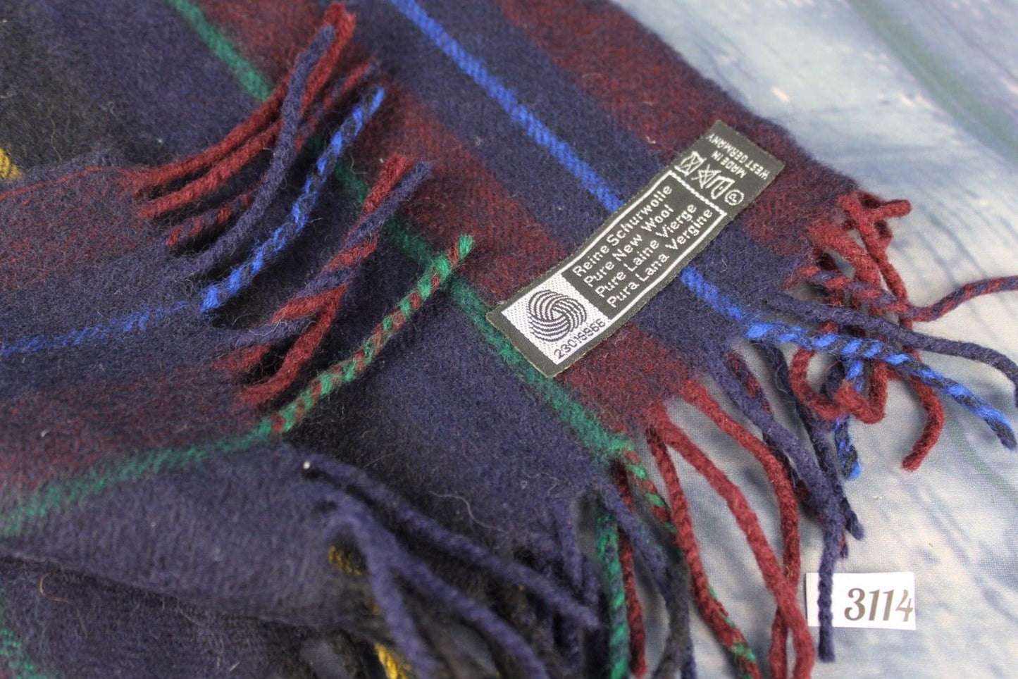 Vintage German Designer Pure Wool Striped Blue Green Gold Burgundy Scarf