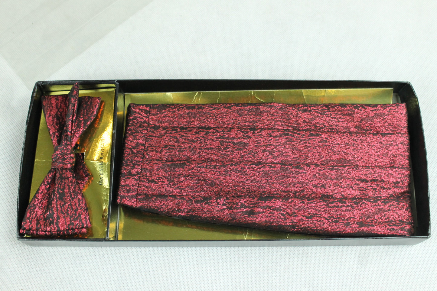 Vintage 1970s metallic cherry red cummerbund and bow tie set