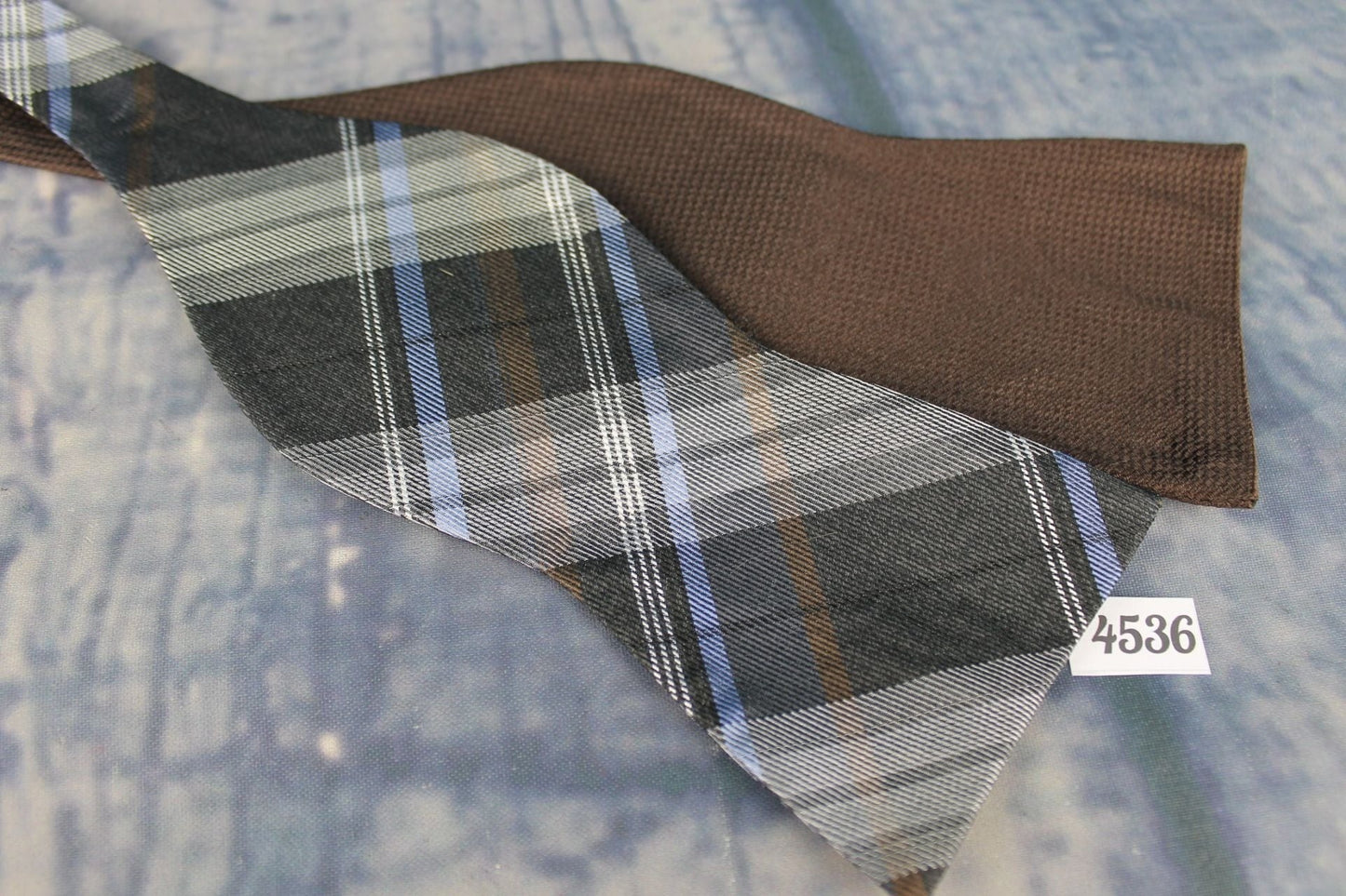 Superb Joseph Abboud Unusual Different Ended Brown Tartan Plaid Self Tie Square End Thistle Bow Tie