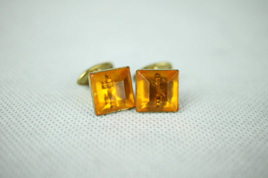 Vintage Gold Metal Orange Lucite Square Set Cufflinks