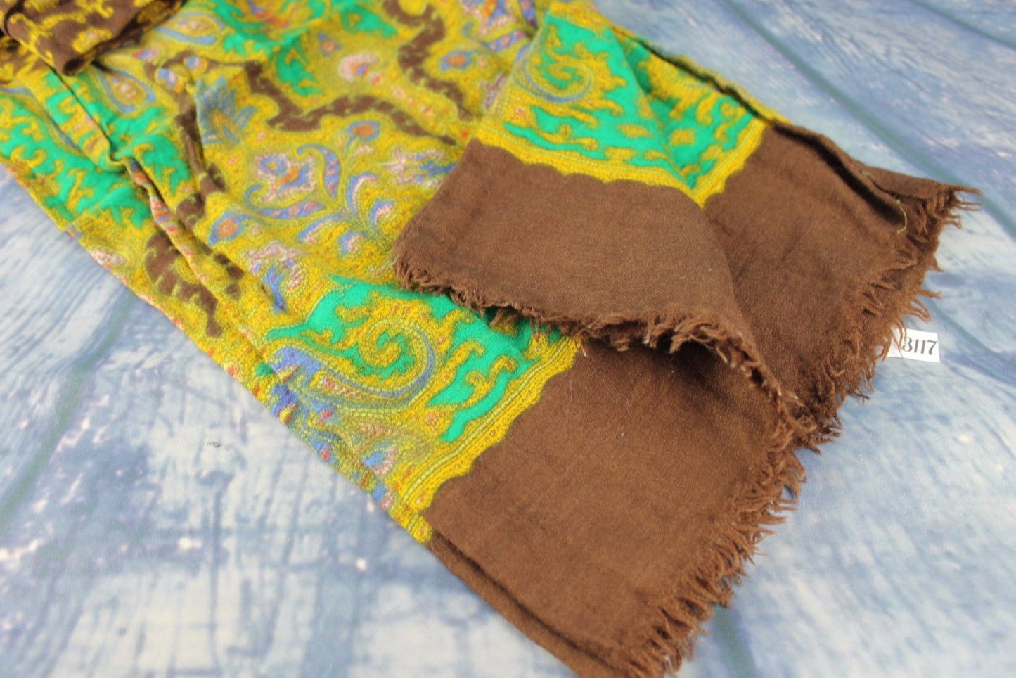 Vintage Hand Blocked Print Pure Wool Brown Green Gold Scarf