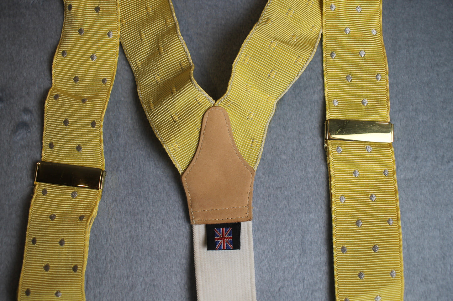 Vintage retro leather thong button on elasticated yellow silver spotted braces adjustable 80s Wall Street