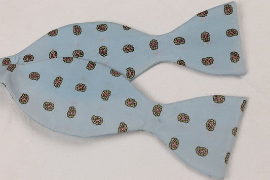 Vintage Pale Blue All Silk Deconstructed Paisley Self Tie Adjustable Thistle Bow Tie