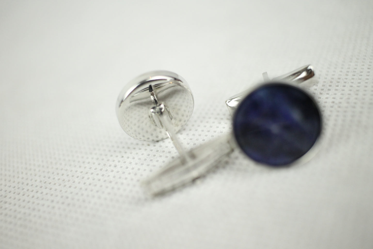 Vintage Blue Marble Silver Metal Push Through Cuff Links
